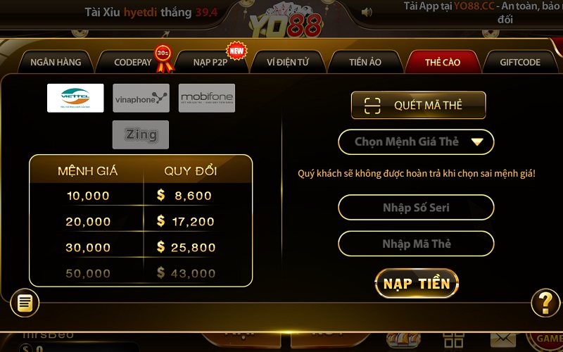 Nạp tiền YO88 bằng thẻ cào Nạp tiền YO88 bằng thẻ cào